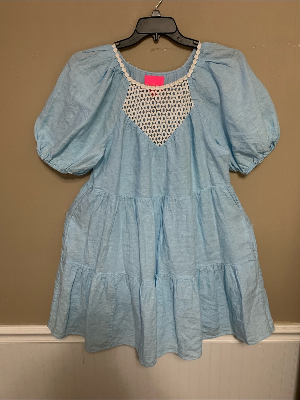 Lilly Pulitzer Charlet Dress Blue Linen Eyelet Tiered Short Puff Sleeve Size 12